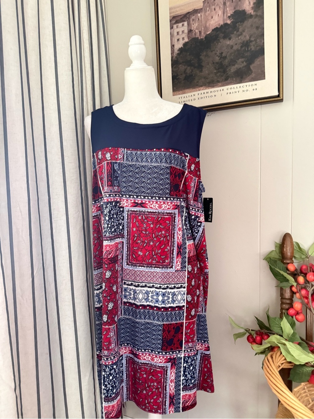 Kim Rogers Navy and Red Patchwork Midi Dress